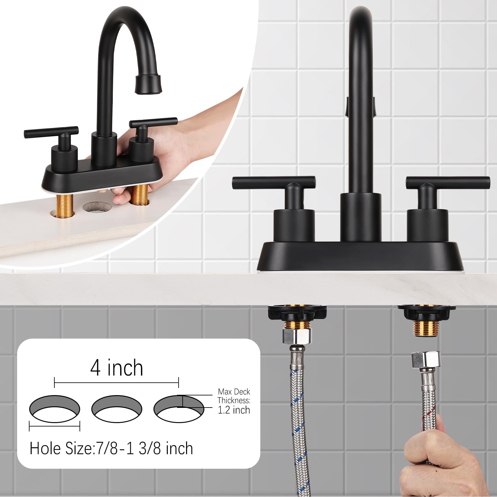 Bathroom Faucets for Sink 3 Hole, GXCROR 4 inch Matte Black Bathroom Sink Faucet, Stainless Steel Lead-Free 2-Handle Centerset Faucet for Bathroom Sink Vanity with Pop-up Drain and 2 Supply Hoses