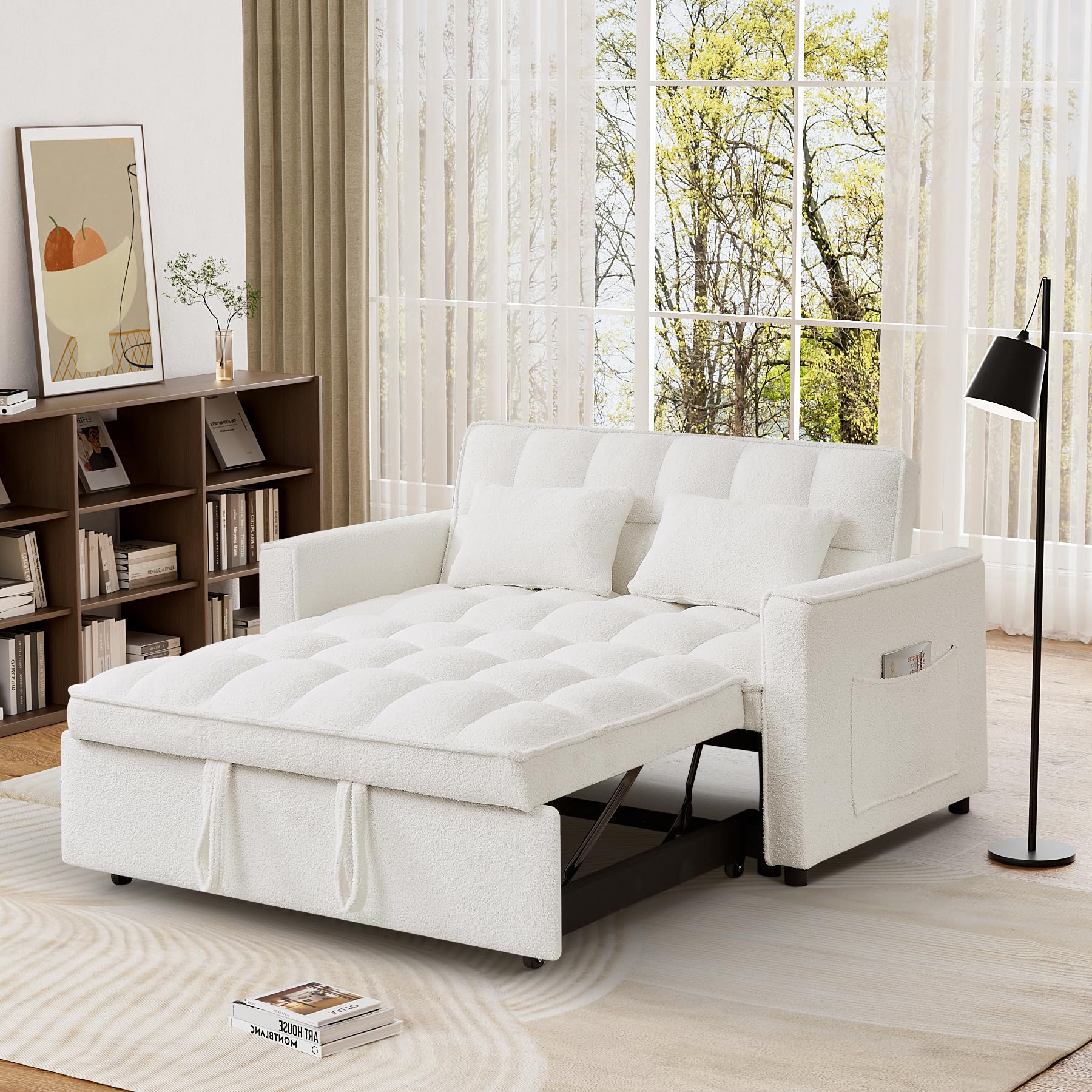 DAMAIFROM Sofa Bed, 3 in 1 Sleeper Sofa Bed with Pull Out Sofa Bed, Teddy Convertible Pull Out Loveseat with Adjustable Backrest and Side Pocket,Small Love Seat for Living Room,Office, White