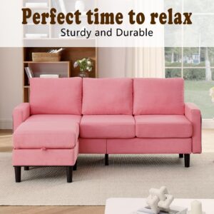 TMEOSK Convertible Sectional Sofa Couch, 3-Seat L-Shaped Sofa with Reversible Storage Ottoman, Modern Linen Fabric Upholstered Sofa Furniture Sets for Living Room Small Space Apartment (Pink)