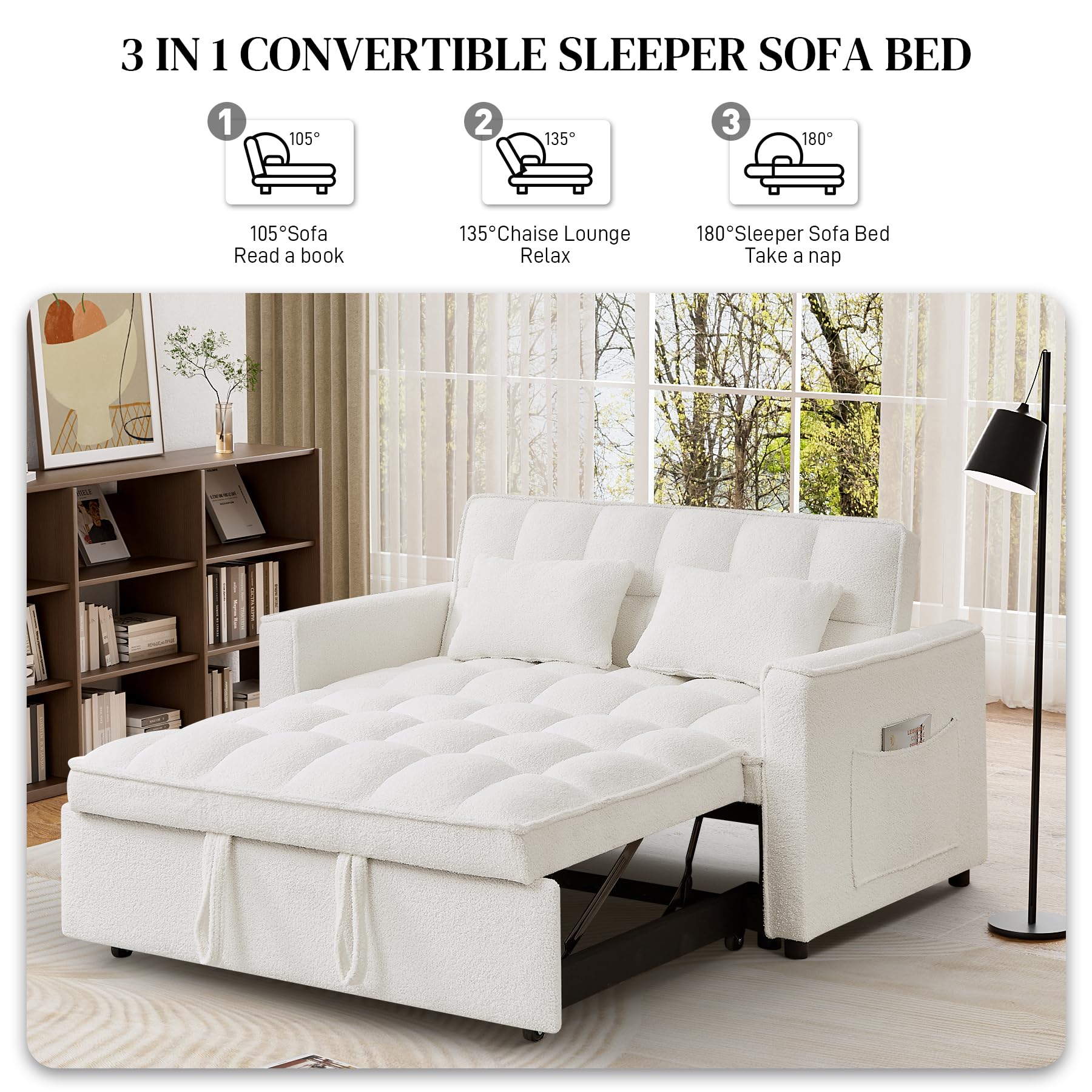 DAMAIFROM Sofa Bed, 3 in 1 Sleeper Sofa Bed with Pull Out Sofa Bed, Teddy Convertible Pull Out Loveseat with Adjustable Backrest and Side Pocket,Small Love Seat for Living Room,Office, White