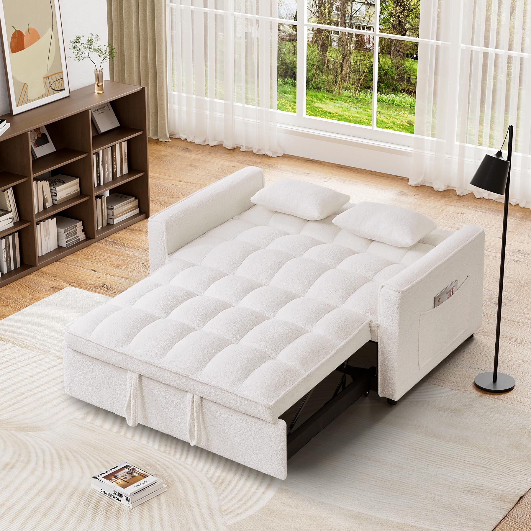 DAMAIFROM Sofa Bed, 3 in 1 Sleeper Sofa Bed with Pull Out Sofa Bed, Teddy Convertible Pull Out Loveseat with Adjustable Backrest and Side Pocket,Small Love Seat for Living Room,Office, White