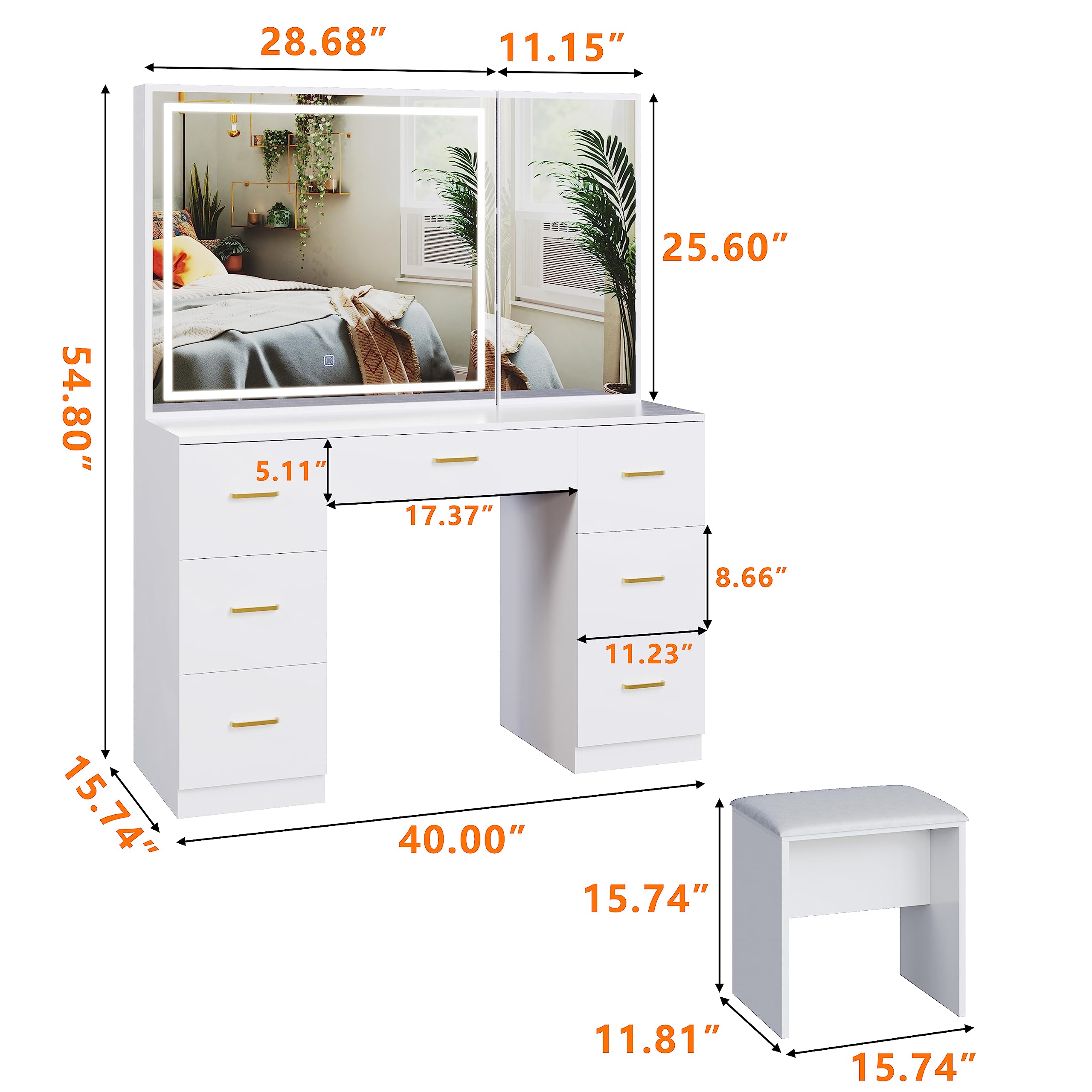 Jartoil Large Lighted Vanity Desk with Stool, 7-Drawers Makeup Vanity with Mirror,Adjustable Brightness, White Bedroom Vanity Set