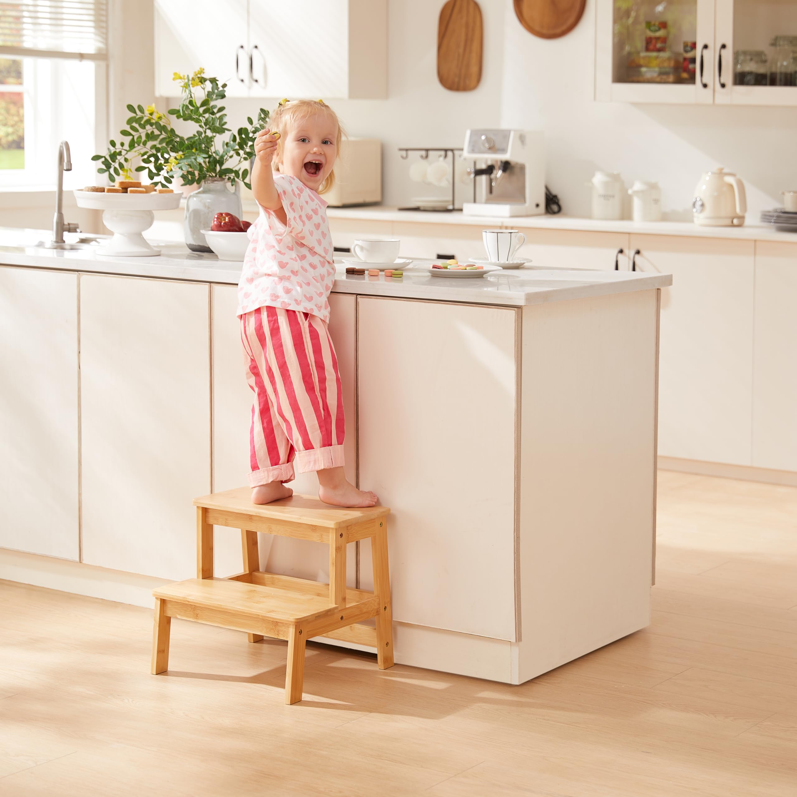 Bamboo Step Stools for Adults Kids, 2 Step Stool for Kichen/Bathroom/Bedside Step Stool - Holds up to 350Lb (Natural)