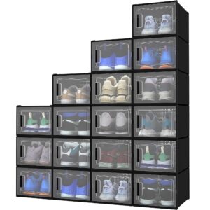 dwvo xx-large 18 pack shoe storage organizer, fit up to us size 15, clear plastic stackable shoe box for closet, folding shoe rack sneaker containers (black, xx-large)