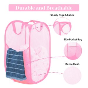 Durable Collapsible Laundry Baskets - Reinforced Mesh Pop Up Laundry Hamper with Side Pocket, Foldable Clothes Storage Hamper with Carry Handles for Laundry, Bathroom, Kids Room, Dorm or Travel Pink