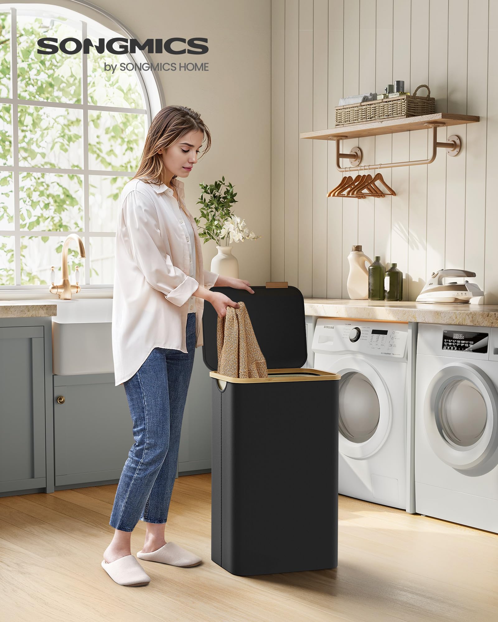 SONGMICS Laundry Hamper with Lid, Large Laundry Basket, 23.8 Gallons (90L), Removable Mesh Liner, Bamboo Handles, Collapsible, 16.5 x 12.6 x 27.8 Inches, Ink Black ULCB509B01