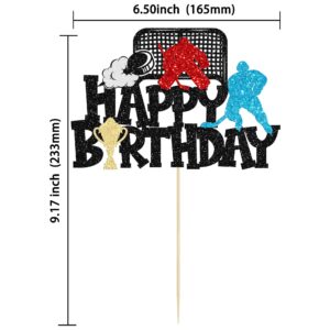 1Pc Hockey Happy Birthday Cake Topper Glitter Ice Hockey Player Sports Theme Cake Pick Decorations for Hockey Theme Baby Shower Boys Girls Birthday Party Supplies Black