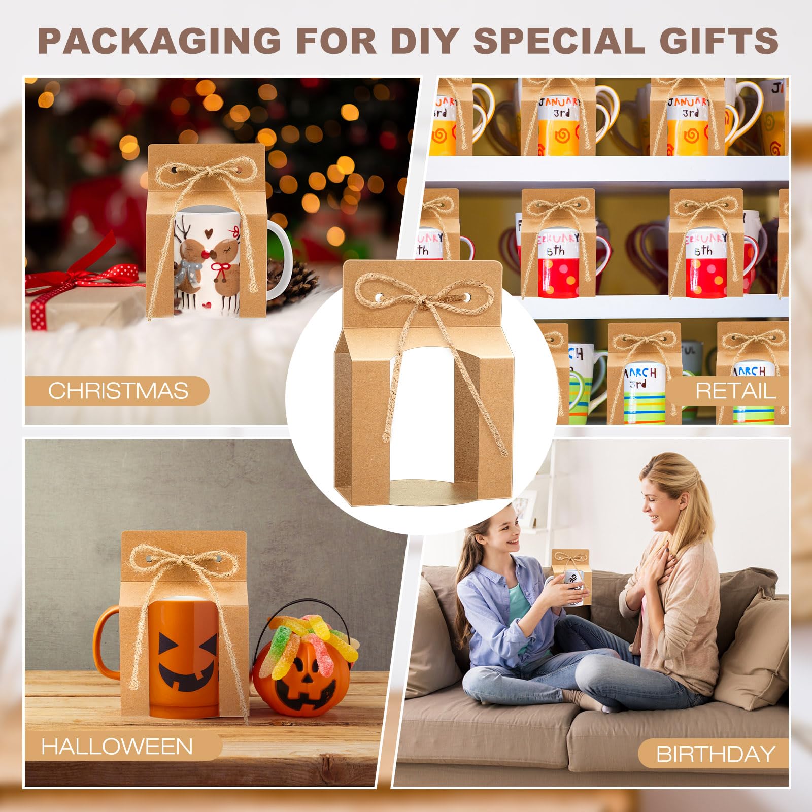 Kosiz 36 Pcs Mug Boxes Sublimation Mugs Gift Bags Christmas Mug Box Gift Box with Window Mug Boxes for Shipping Selling Gift Packaging Box for Mugs Gift Wrapping, Brown(for 11oz Mug)