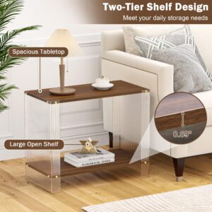 HaiQiwawo Walnut Narrow End Table, Modern Acrylic Sofa Side Table, Small Accent Table, 2-Tier Nightstand Bedside Table for Small Space Bedroom Hallway (Walnut Rectangle Shape)