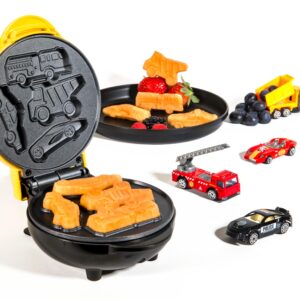 Nostalgia MyMini Cars and Trucks Shape Electric Waffle Maker, 5-Inch Non-Stick Griddle for Waffles, Hash Browns, Eggs, and More, Yellow