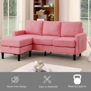 TMEOSK Convertible Sectional Sofa Couch, 3-Seat L-Shaped Sofa with Reversible Storage Ottoman, Modern Linen Fabric Upholstered Sofa Furniture Sets for Living Room Small Space Apartment (Pink)