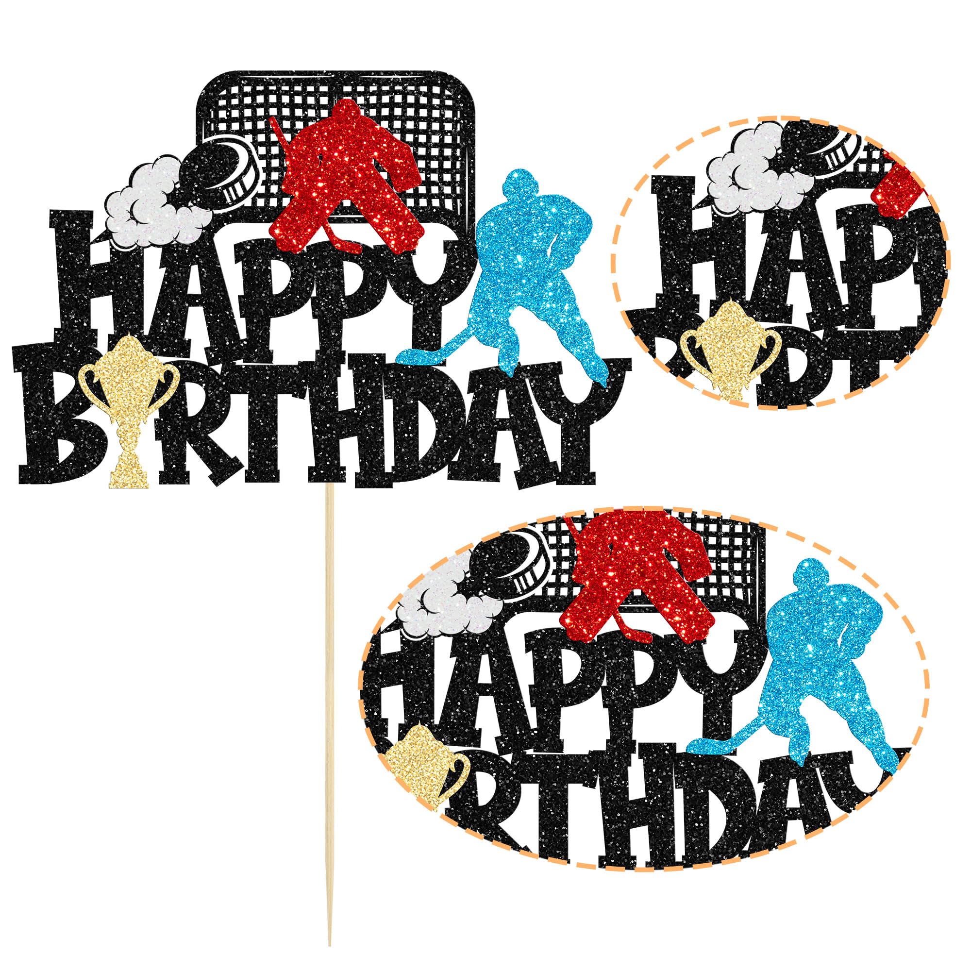 1Pc Hockey Happy Birthday Cake Topper Glitter Ice Hockey Player Sports Theme Cake Pick Decorations for Hockey Theme Baby Shower Boys Girls Birthday Party Supplies Black