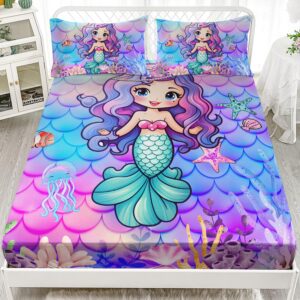 ailonen mermaid fitted sheet for kids girls twin size, mermaid princess bedding set,ocean theme bed sheet set,purple blue watercolor fish scale bedsheets set,1 fitted sheet 2 pillowcases,3 pcs