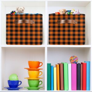 Halloween Thanksgiving Black Orange Plaid Large Storage Basket Cube Storage Bin Canvas Fabric Organizer Handles Collapsible Decorative for Clothes Toys Bedroom