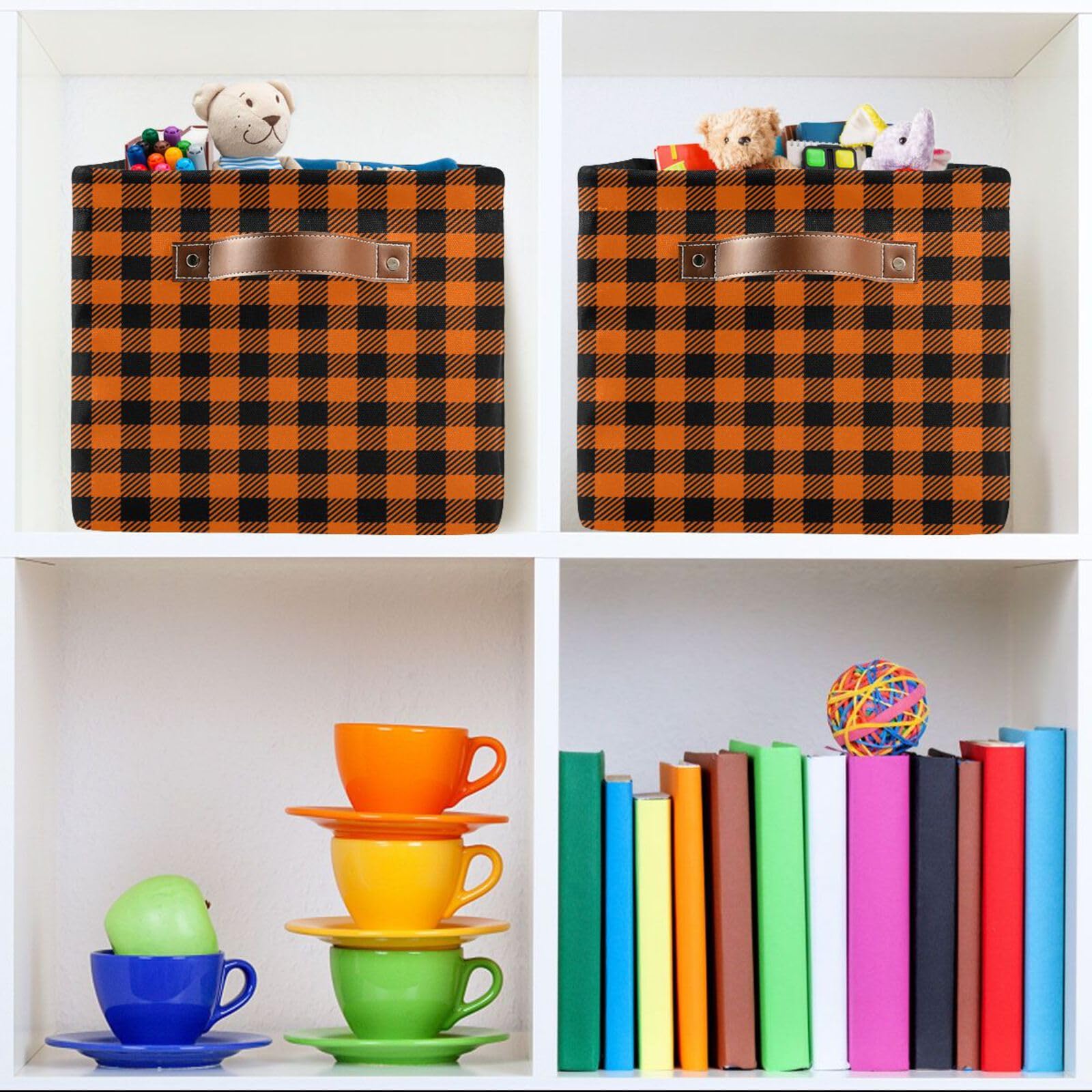 Halloween Thanksgiving Black Orange Plaid Large Storage Basket Cube Storage Bin Canvas Fabric Organizer Handles Collapsible Decorative for Clothes Toys Bedroom