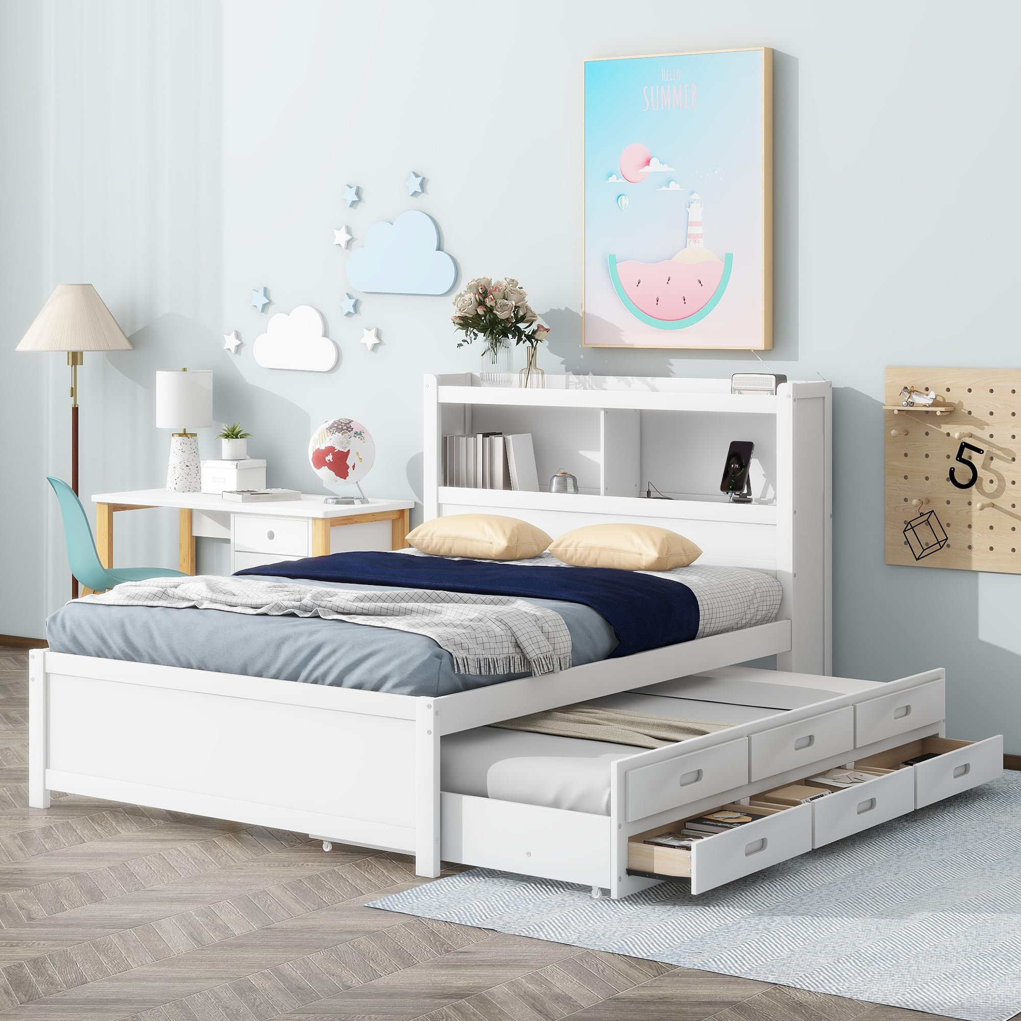 Harper & Bright Designs Full Platform Bed with Twin Size Trundle,Bookcase Headboard,Charging Station and 3 Drawers,Wood Full Storage Bed Frame for Kids,Teens,Adults,No Box Spring Needed (White)