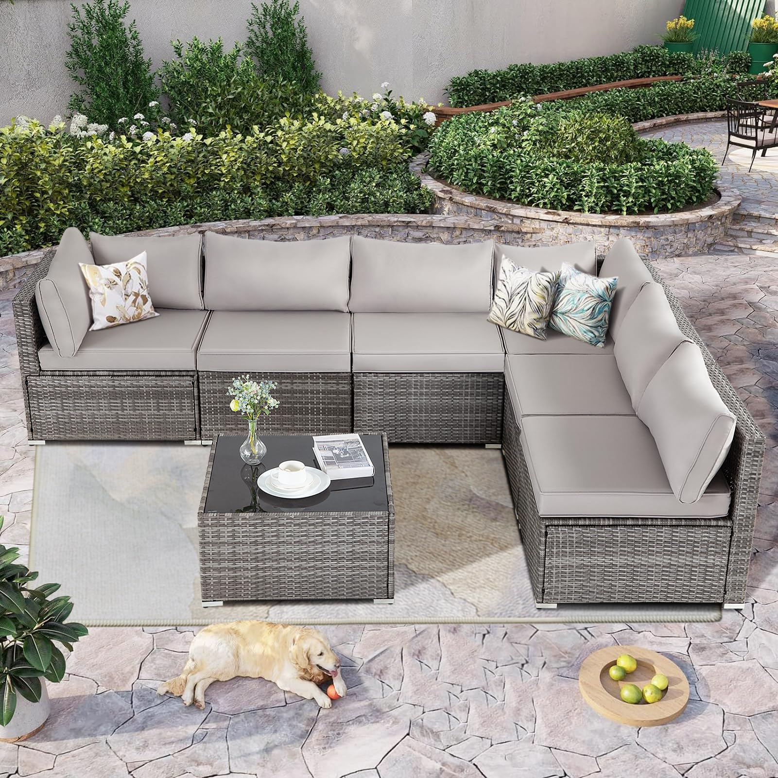 Seogwisam 7 Pieces Patio Furniture Set,Wicker Outdoor Conversation Set,Rattan Sectional Sofa Set w/Washable Cushions & Glass Coffee Table for Porch Poolside Backyard-Gray/Gray