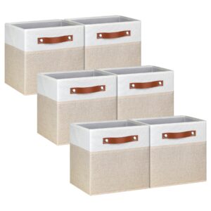 pomatree 11 inch cube storage bin - 6 pack - linen fabric cubby storage bins for bedroom, living room, clothes and toys, shelves and closet organizer; foldable, dual leather handles (white & beige)