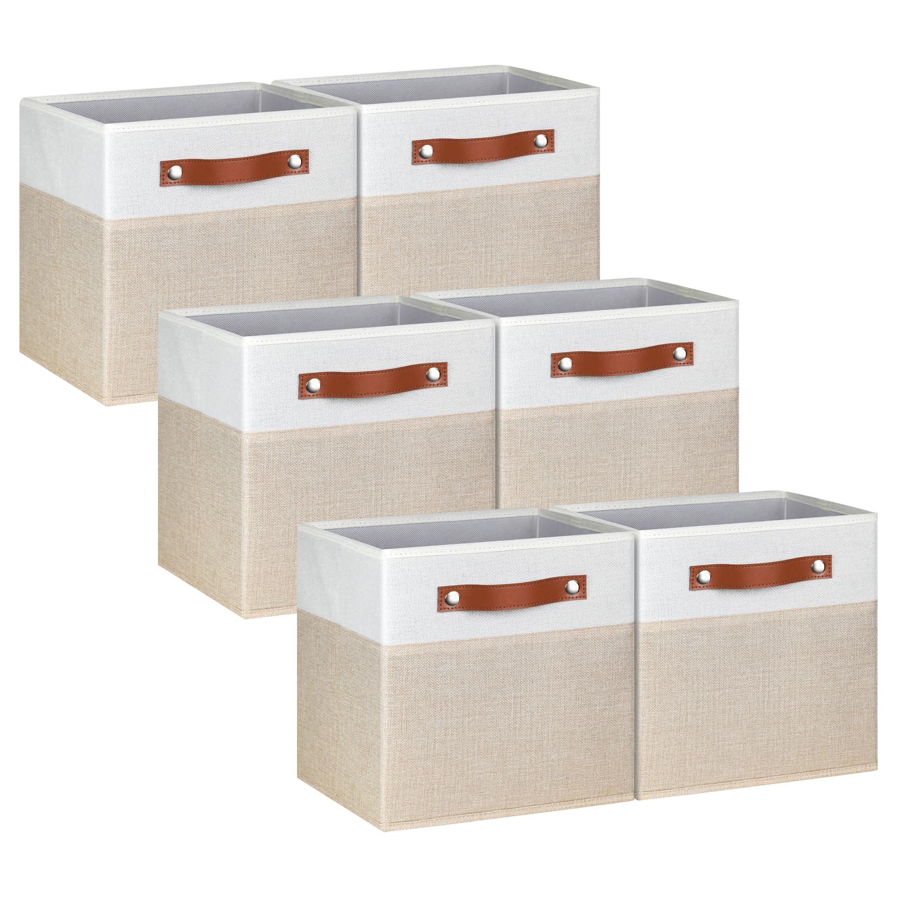 Pomatree 11 Inch Cube Storage Bin - 6 Pack - Linen Fabric Cubby Storage Bins for Bedroom, Living Room, Clothes and Toys, Shelves and Closet Organizer; Foldable, Dual Leather Handles (White & Beige)