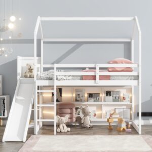 harper & bright designs kids twin house loft bed with slide, storage shelves and led light, wood twin low loft bed with guardrail and ladder, twin playhouse bed for kids teens boys & girls, white