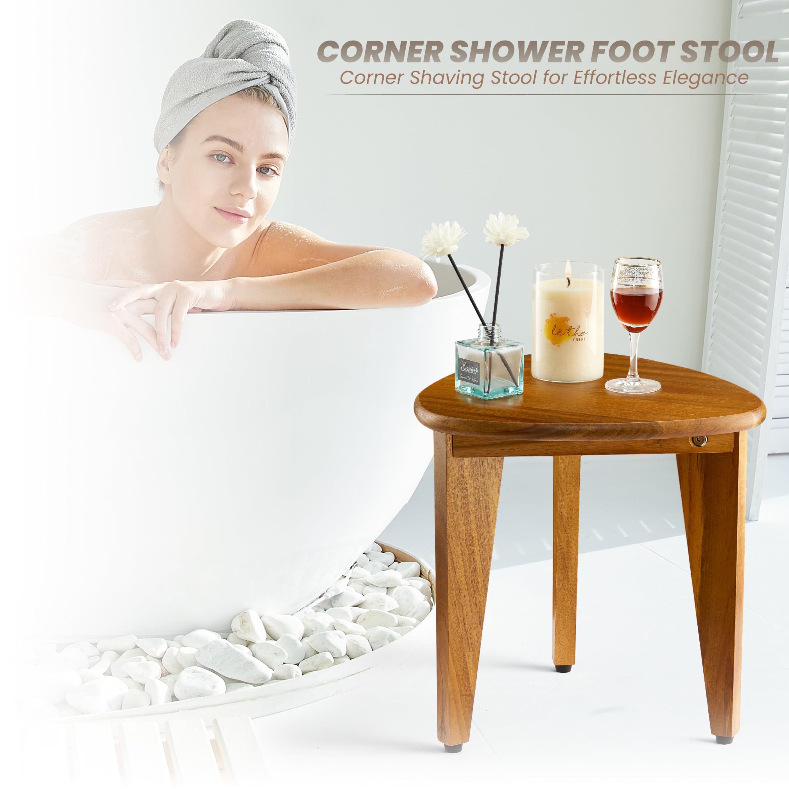 BLUEWEST Shower Foot Stool for Shaving Legs, Acacia Wood Shower Foot Rest, Bathroom Foot Step Stool for Inside Shower, Shower Bench, Corner Shower Stool for Small Shower Spaces (Natural Acacia)