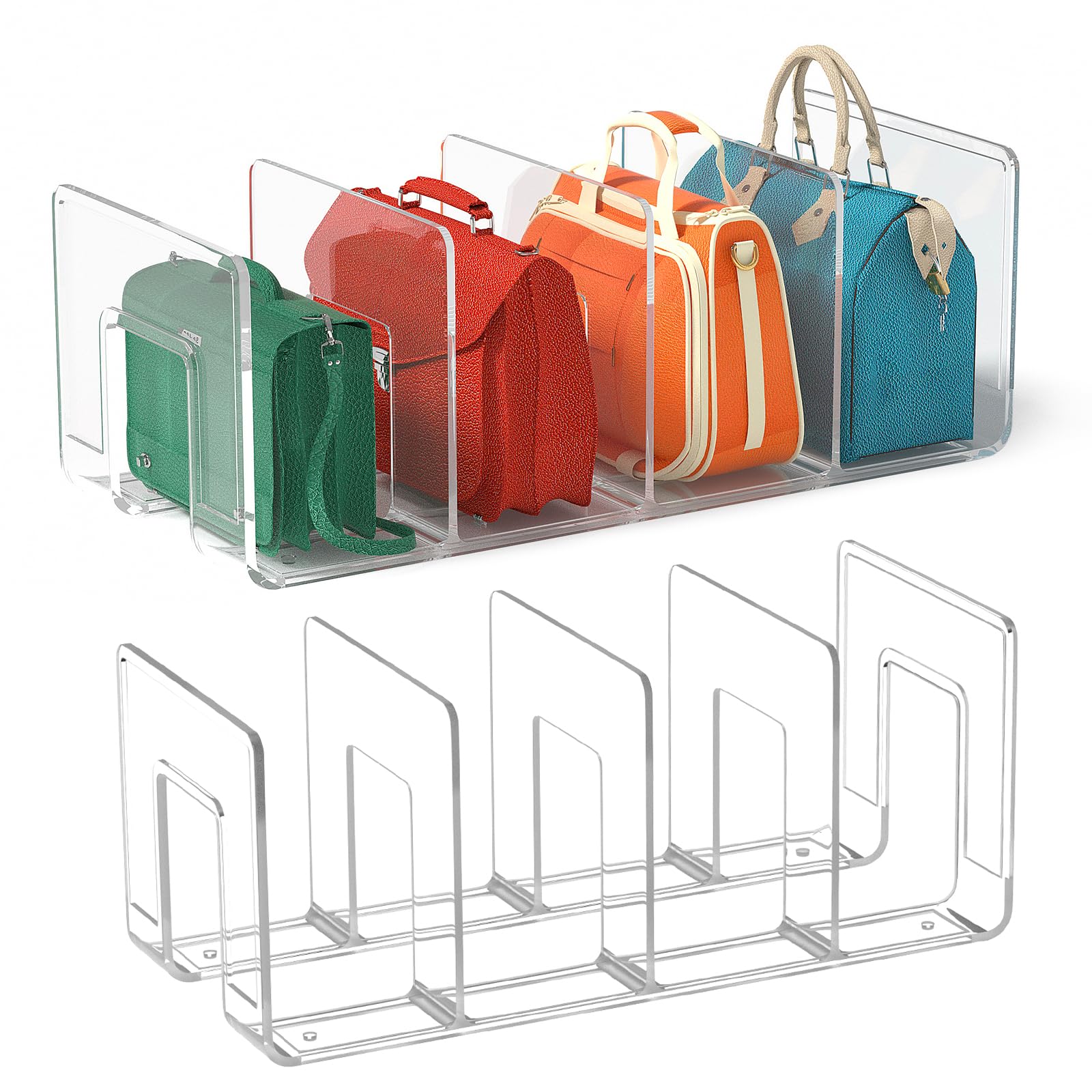 2pcs Clear Plastic Purse Handbag Organizer 4 Sections Bag Closet Shelf Divider Purse Display Stand Handbag Storage Organizer Clear Desk File Sorter Stand Holder Bookshelf (2)