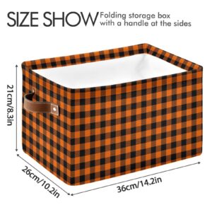 Halloween Thanksgiving Black Orange Plaid Large Storage Basket Cube Storage Bin Canvas Fabric Organizer Handles Collapsible Decorative for Clothes Toys Bedroom