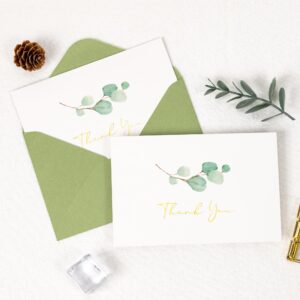 crisky 100 pk printable greenery thank you cards with envelopes bulk - 5.25 x 3.5 inches gold greenery thank you cards notes for wedding, baby shower, bridal shower, small business, birthday