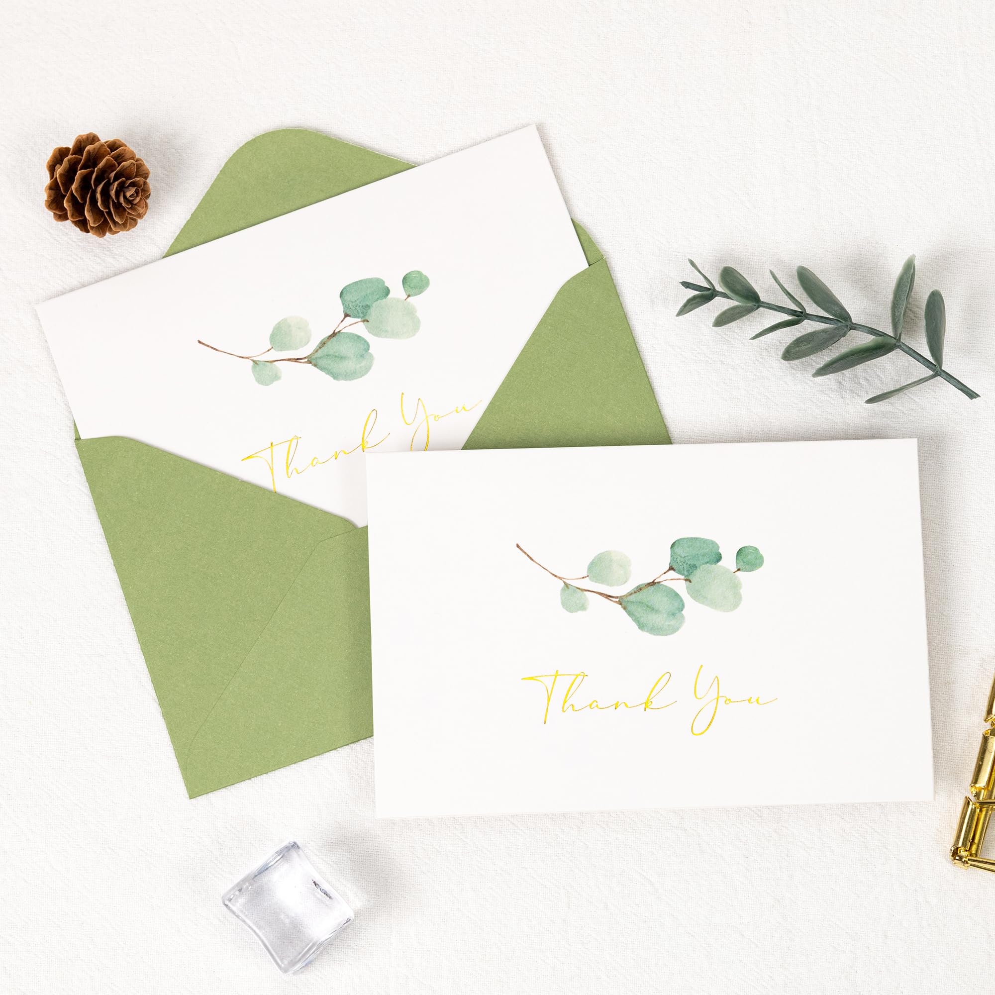 Crisky 100 PK Printable Greenery Thank You Cards with Envelopes Bulk - 5.25 x 3.5 Inches Gold Greenery Thank You Cards Notes for Wedding, Baby Shower, Bridal Shower, Small Business, Birthday