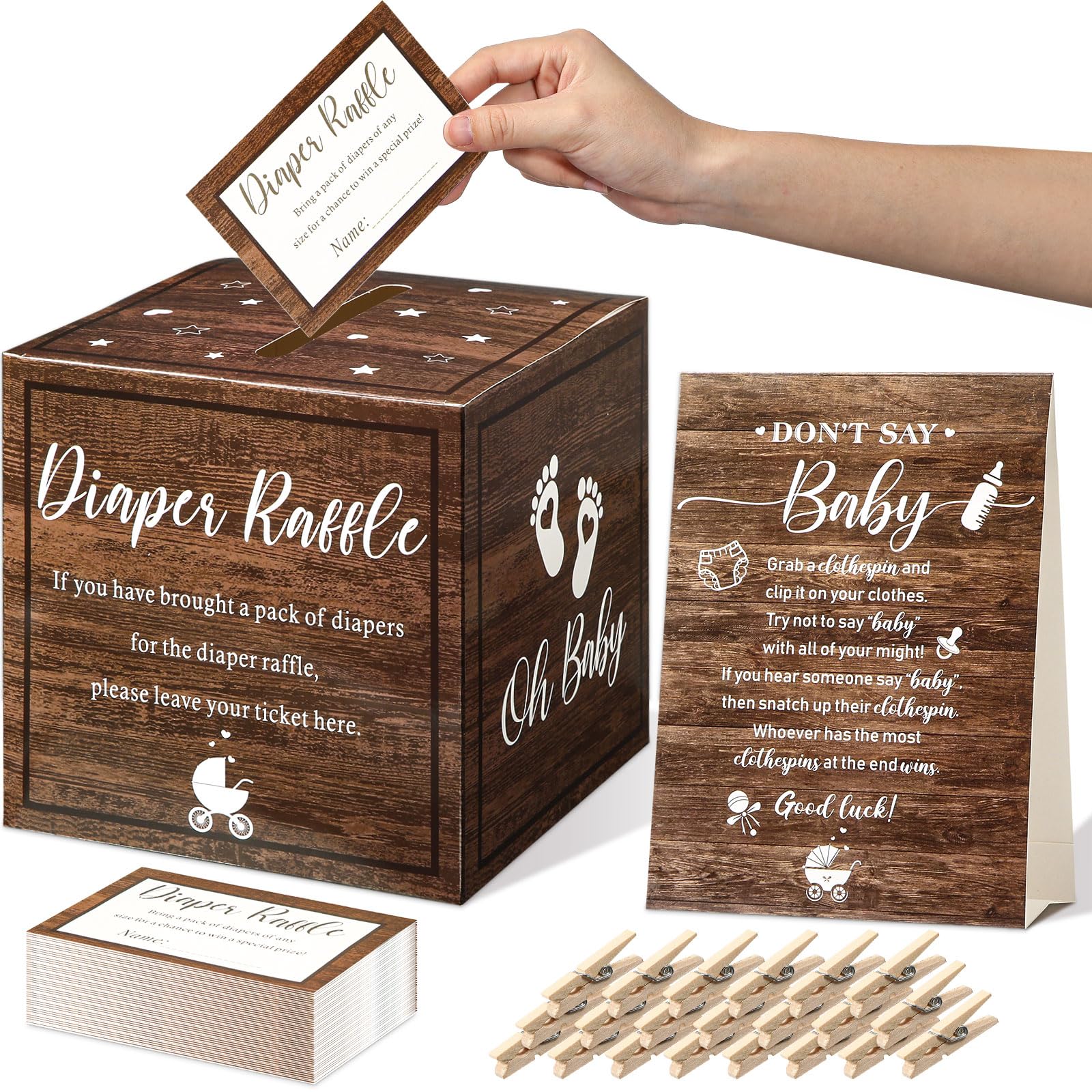 Funrous Diaper Raffle Tickets with Diaper Raffle Card Box Baby Shower Game Supplies Don't Say Baby Sign Mini Clothespins Baby Shower Game Decor for Baby Shower Gender Reveal Party Favors(Wood Grain)