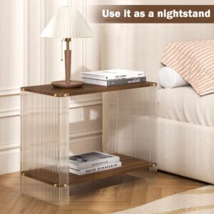 HaiQiwawo Walnut Narrow End Table, Modern Acrylic Sofa Side Table, Small Accent Table, 2-Tier Nightstand Bedside Table for Small Space Bedroom Hallway (Walnut Rectangle Shape)