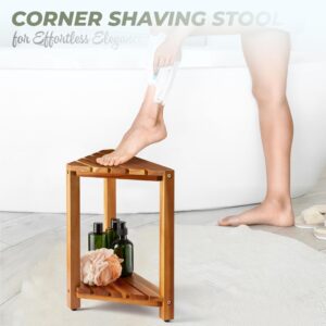 BLUEWEST Corner Shower Stool, Wooden Corner Shower Bench for Shaving Legs Inside Shower, Waterproof Shower Foot Rest with Storage Shelf, Shower Seats and Benches