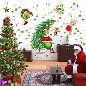 Merry Christmas Wall Decals Stickers Christmas Grińch Wall Decor Reusable 3D Self-Adhesive Holiday Wall Stickers Christmas Party Decorations Home Kitchen Living Room Wall Art Decor 2 Large Sheets