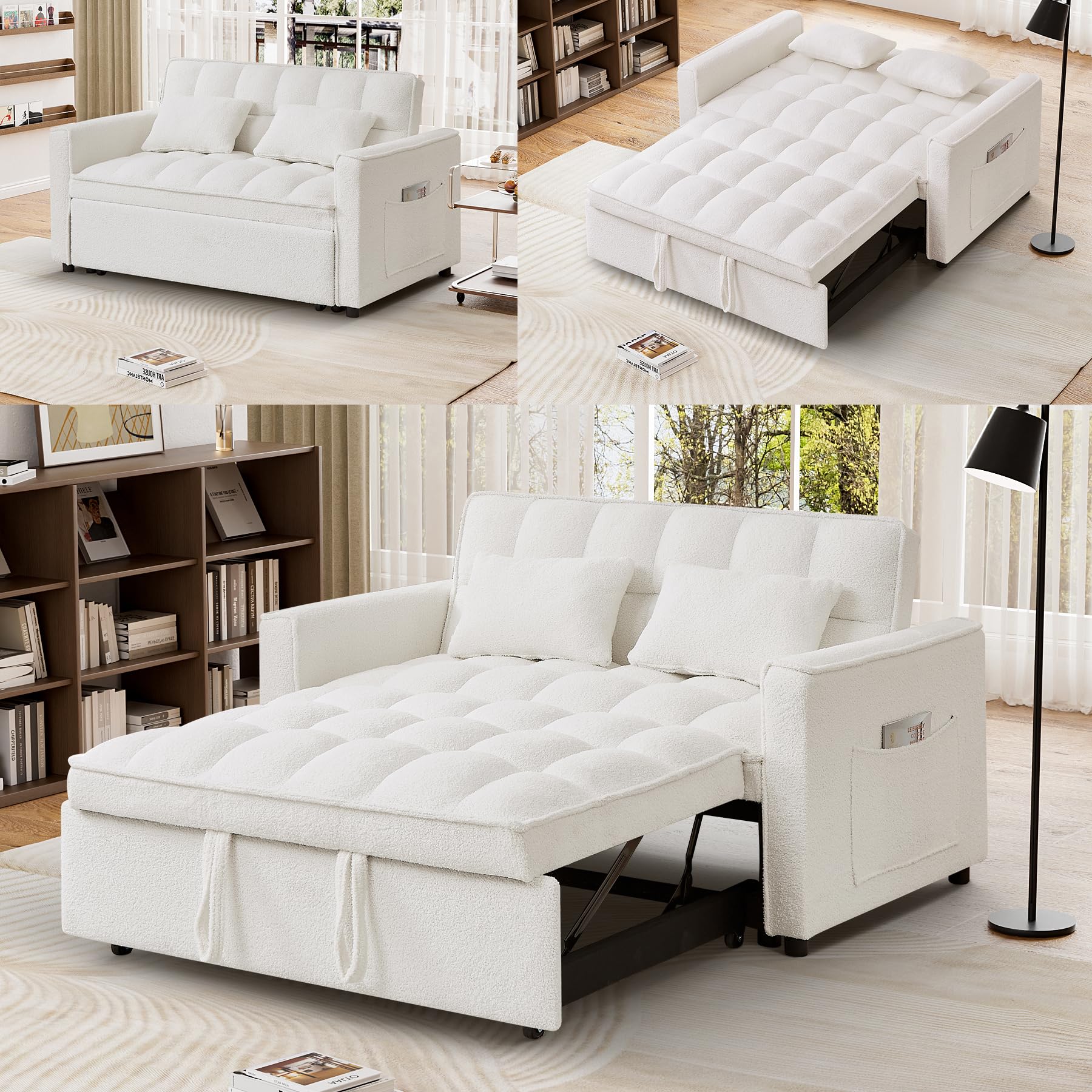 DAMAIFROM Sofa Bed, 3 in 1 Sleeper Sofa Bed with Pull Out Sofa Bed, Teddy Convertible Pull Out Loveseat with Adjustable Backrest and Side Pocket,Small Love Seat for Living Room,Office, White