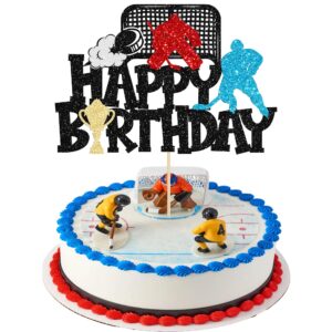 1pc hockey happy birthday cake topper glitter ice hockey player sports theme cake pick decorations for hockey theme baby shower boys girls birthday party supplies black