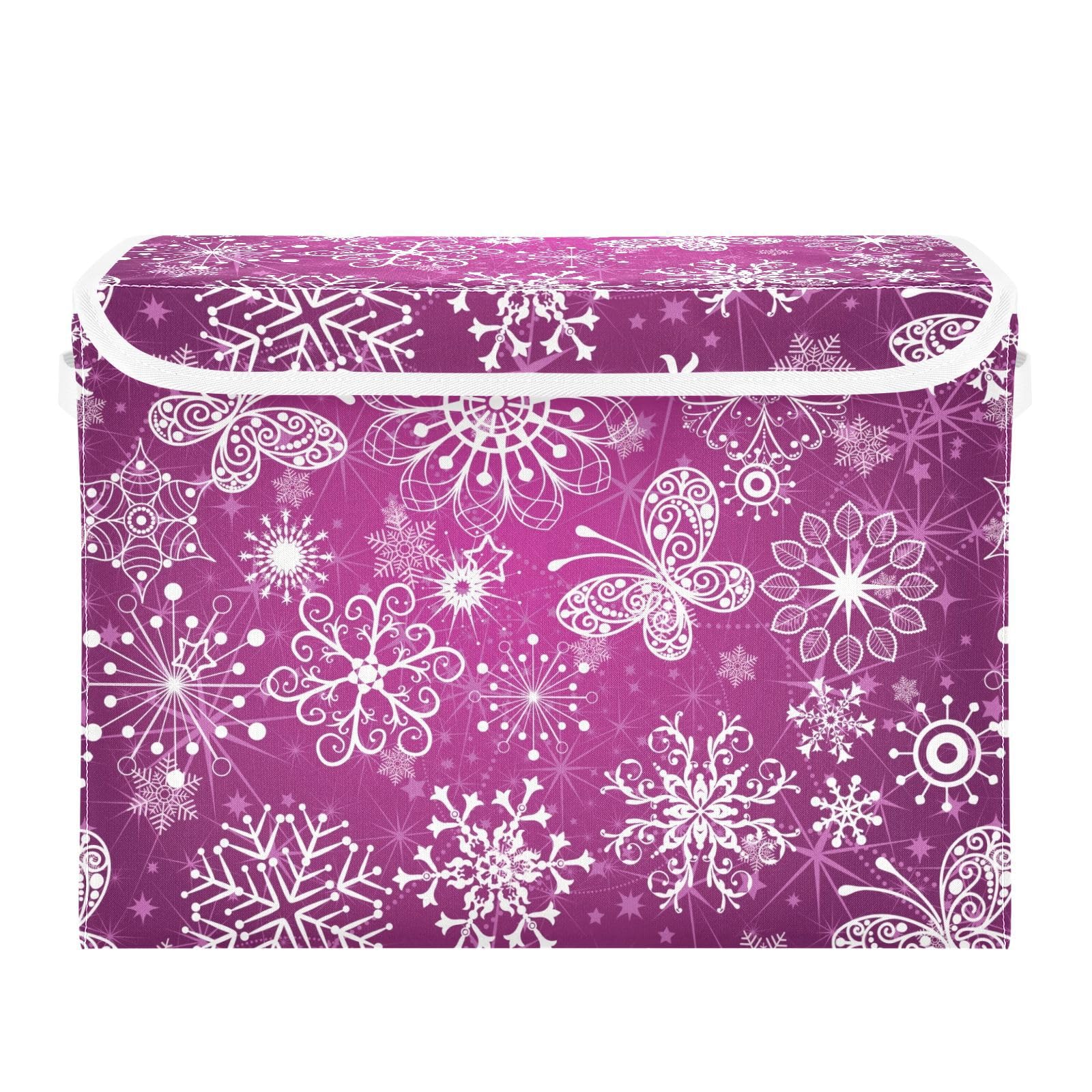 DALAWU Containers Baskets with Lids Christmas Purple Snowflake Fabric Foldable Storage Bins Organizer with Lid Collapsible Storage Boxes for Home Bedroom Closet Office