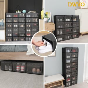 DWVO XX-Large 18 Pack Shoe Storage Organizer, Fit up to US Size 15, Clear Plastic Stackable Shoe Box for Closet, Folding Shoe Rack Sneaker Containers (Black, XX-Large)