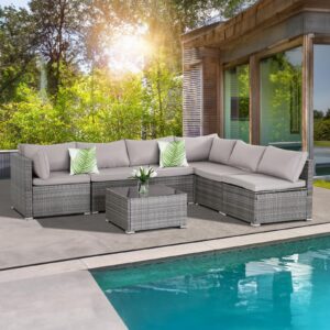 Seogwisam 7 Pieces Patio Furniture Set,Wicker Outdoor Conversation Set,Rattan Sectional Sofa Set w/Washable Cushions & Glass Coffee Table for Porch Poolside Backyard-Gray/Gray