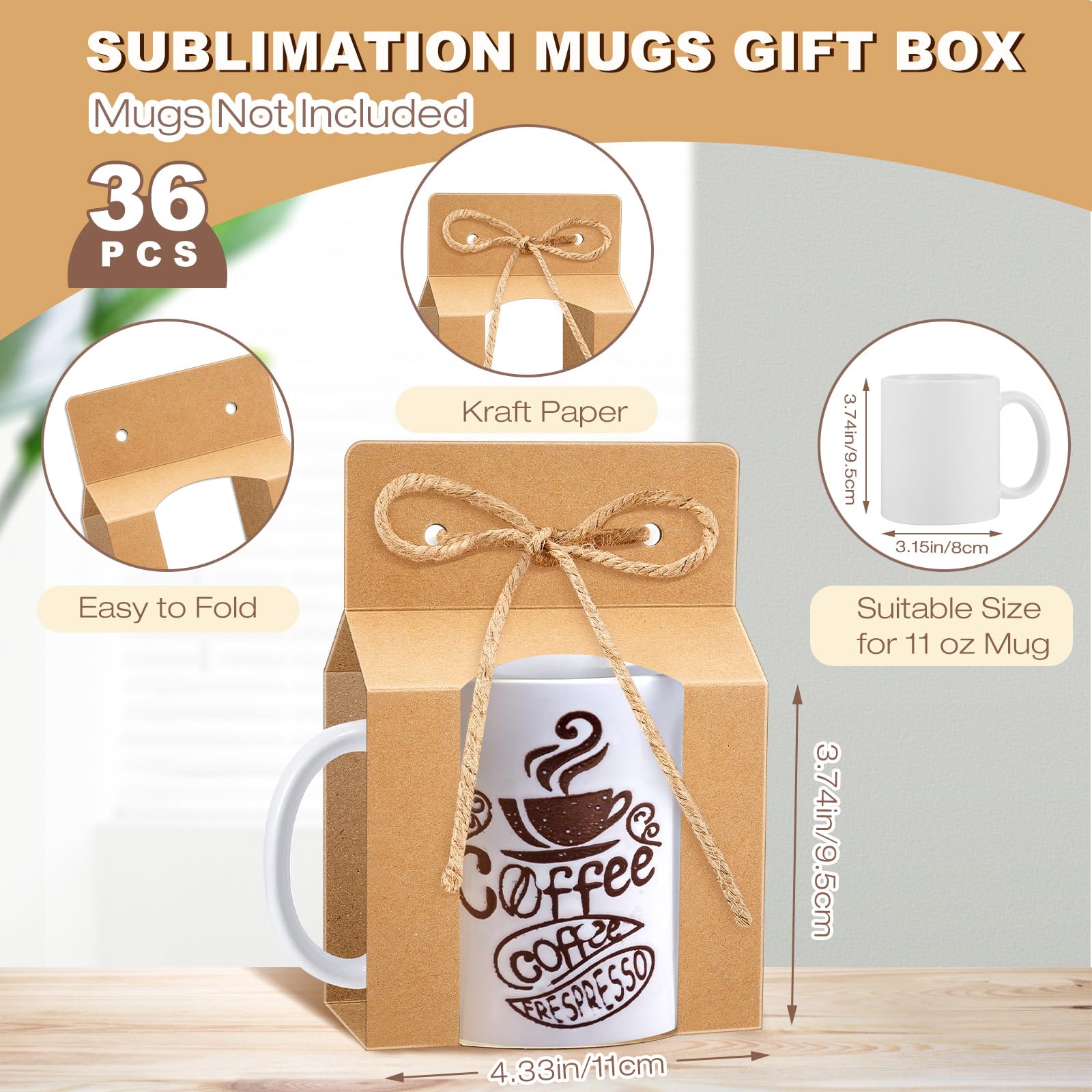 Kosiz 36 Pcs Mug Boxes Sublimation Mugs Gift Bags Christmas Mug Box Gift Box with Window Mug Boxes for Shipping Selling Gift Packaging Box for Mugs Gift Wrapping, Brown(for 11oz Mug)