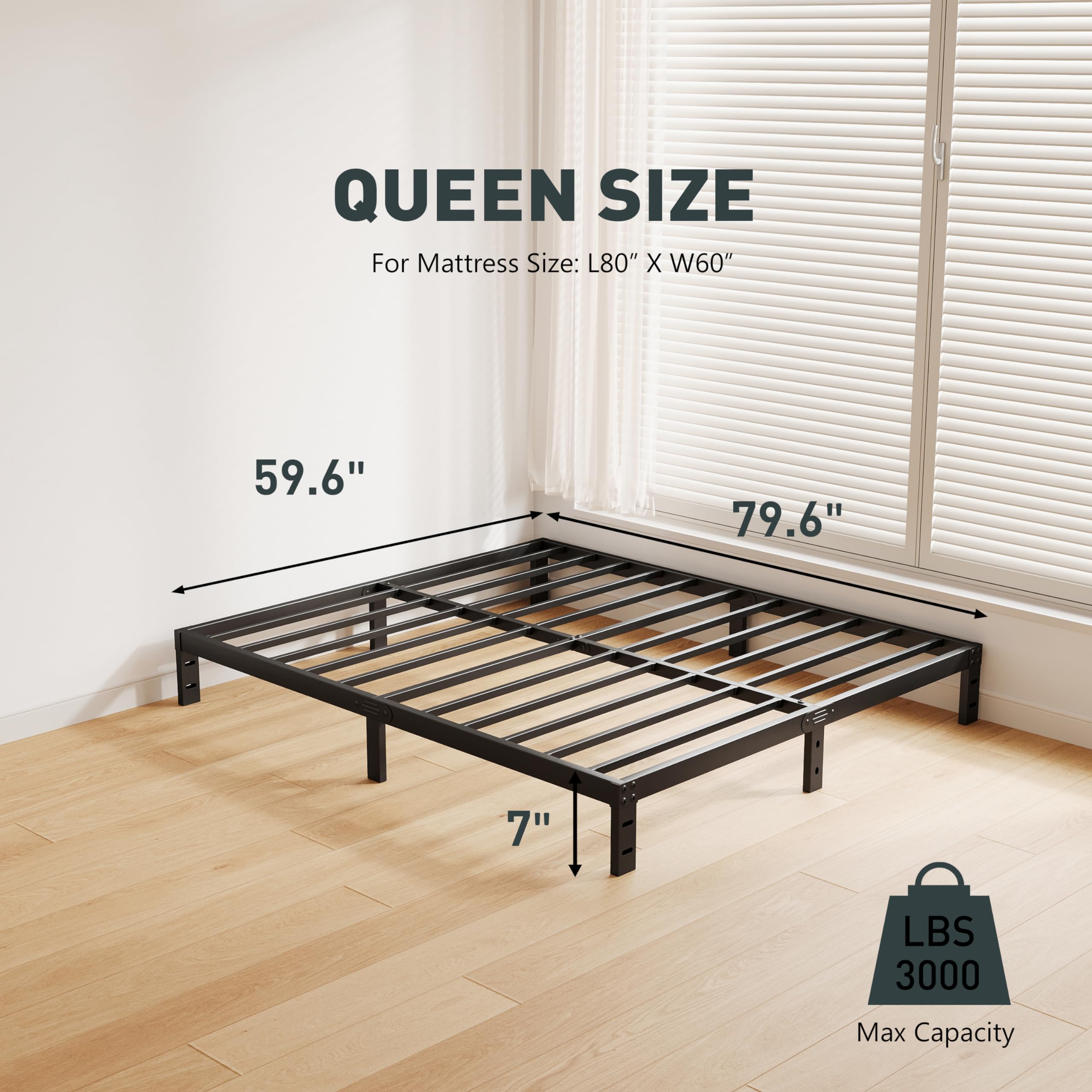 AMOBRO Low Profile Bed Frame - Heavy Duty Metal Queen Bed Frame in Matte Black, 7-Inch Heavy Duty Platform with Steel Slats, Easy Assembly, Noise-Free, Non-Slip, No Box Spring Needed