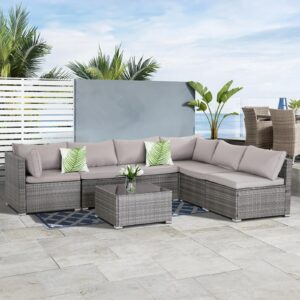 Seogwisam 7 Pieces Patio Furniture Set,Wicker Outdoor Conversation Set,Rattan Sectional Sofa Set w/Washable Cushions & Glass Coffee Table for Porch Poolside Backyard-Gray/Gray