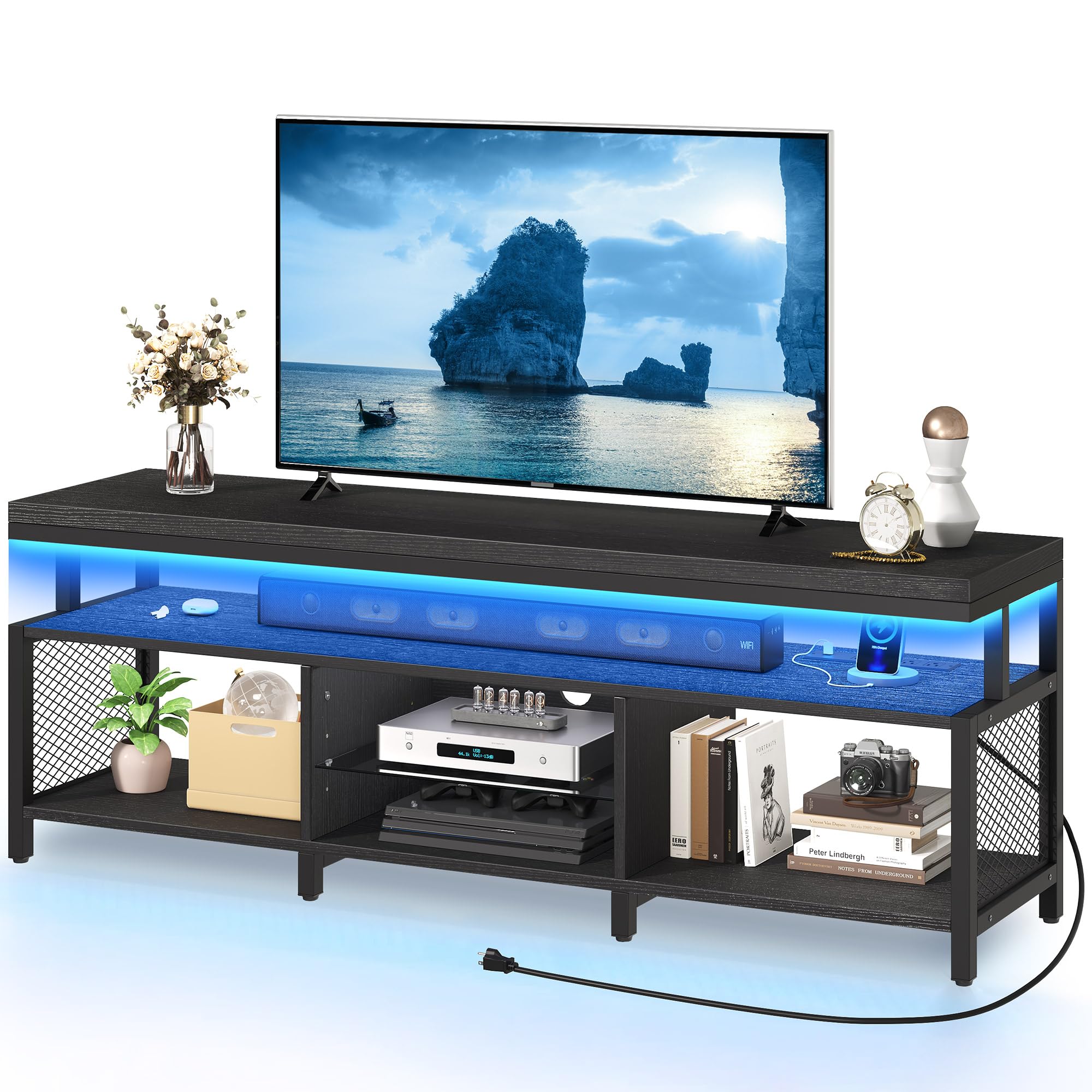 YITAHOME LED Television Stands w/Power Outlets for 70/65 inch, Modern Industrial TV Stand, Entertainment Center w/Open Storage TV Table, Entertainment Center for 360lbs for Living Room,Black