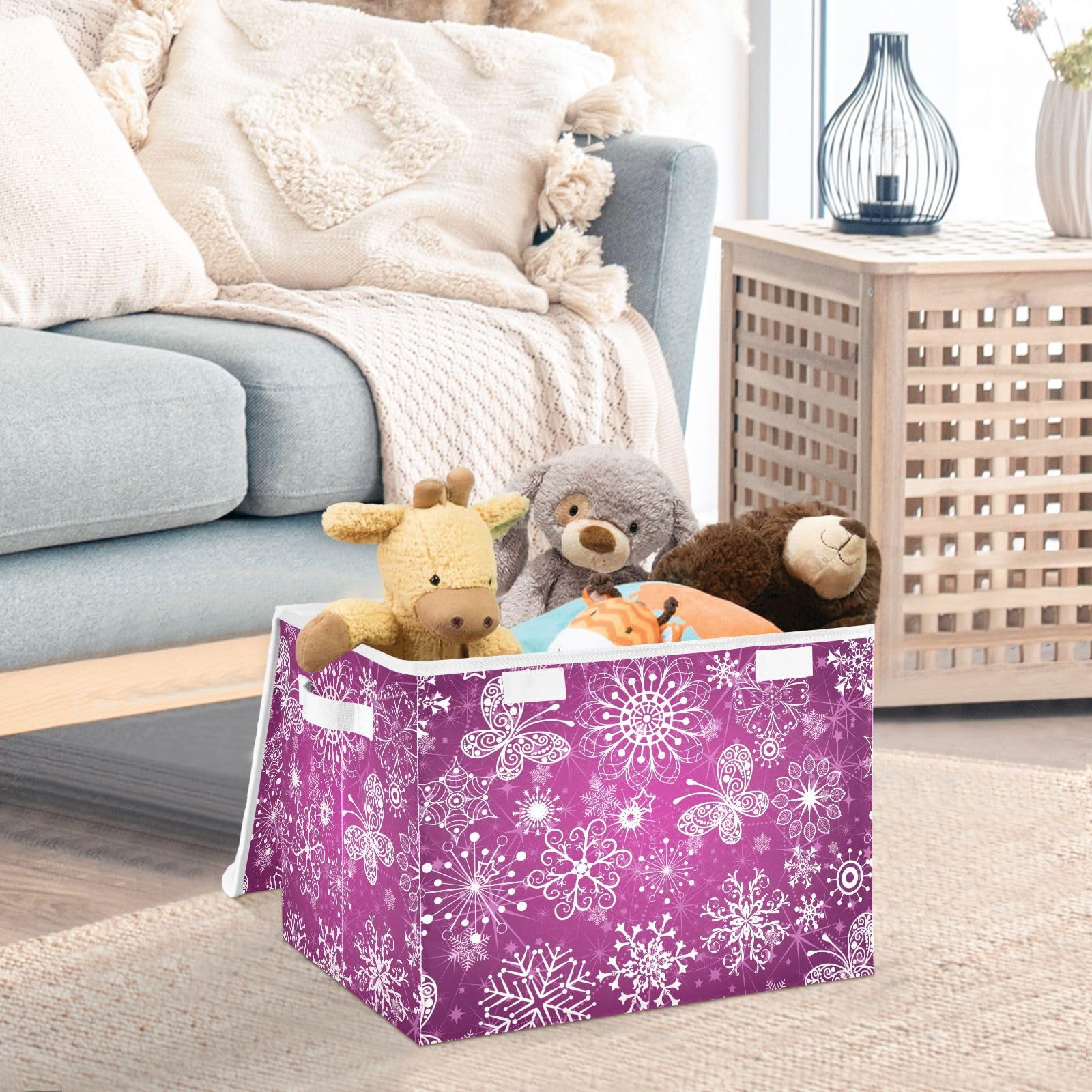 DALAWU Containers Baskets with Lids Christmas Purple Snowflake Fabric Foldable Storage Bins Organizer with Lid Collapsible Storage Boxes for Home Bedroom Closet Office