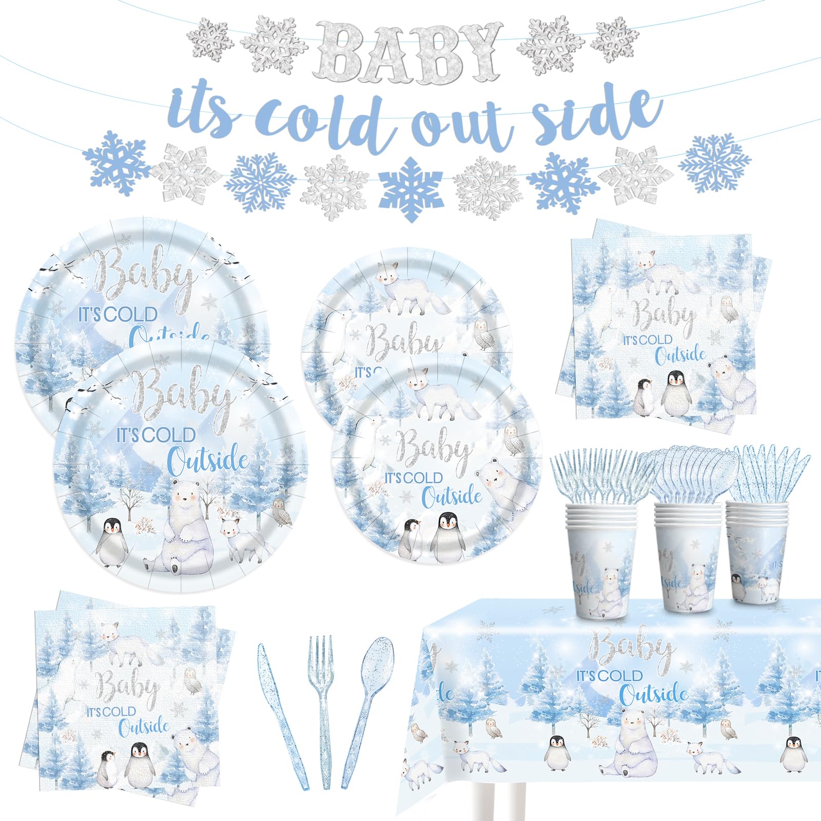 170pcs Winter Woodland Baby Shower Decorations Arctic Animals Plates Napkins Baby It's Cold Outside Snowflake Penguin Arctic Fox Tableware Set Banner Tablecloth for 24 Guests