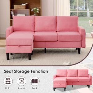 TMEOSK Convertible Sectional Sofa Couch, 3-Seat L-Shaped Sofa with Reversible Storage Ottoman, Modern Linen Fabric Upholstered Sofa Furniture Sets for Living Room Small Space Apartment (Pink)