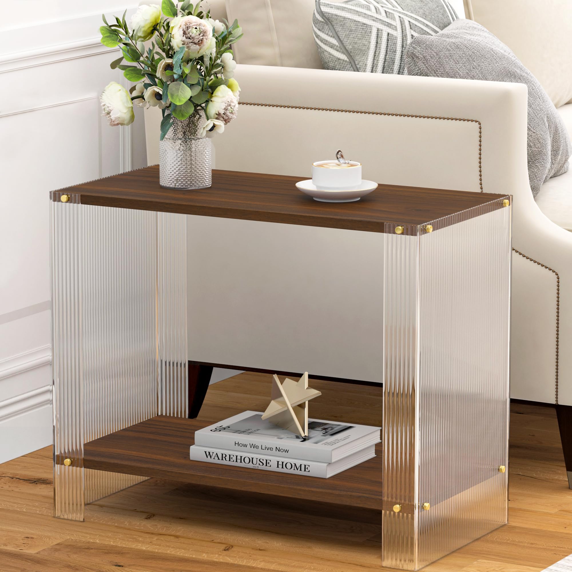 HaiQiwawo Walnut Narrow End Table, Modern Acrylic Sofa Side Table, Small Accent Table, 2-Tier Nightstand Bedside Table for Small Space Bedroom Hallway (Walnut Rectangle Shape)