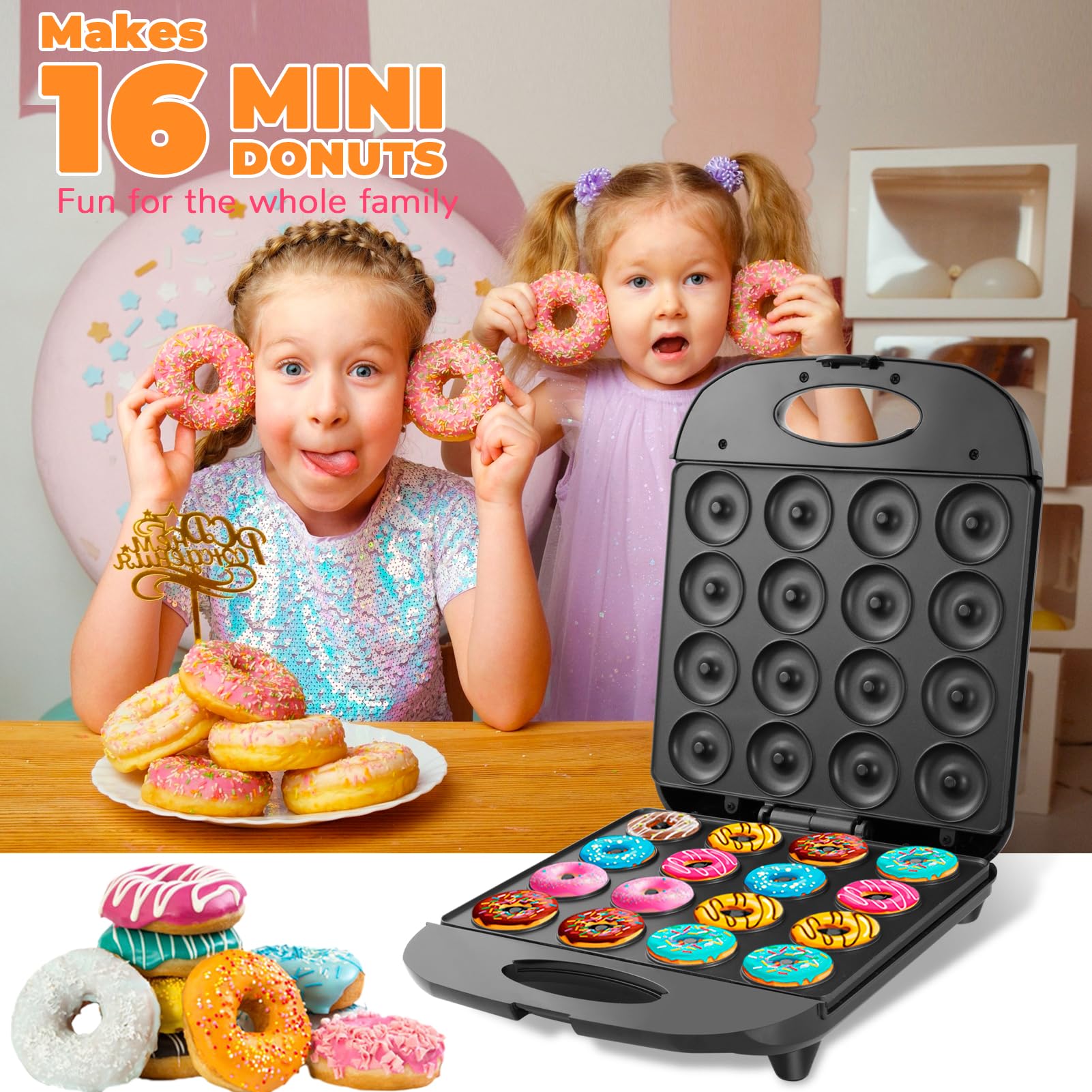 Mini Donut Maker, 16 Holes Small Doughnuts Maker Machine, Mini Pancake Maker for Kid-Friendly Breakfast, Snacks, Desserts & More with Non-stick Surface, Double-sided Heating