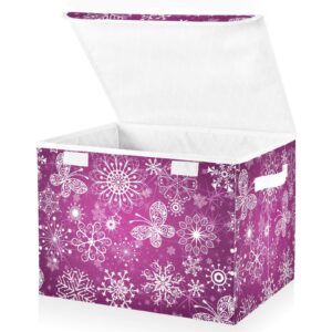 DALAWU Containers Baskets with Lids Christmas Purple Snowflake Fabric Foldable Storage Bins Organizer with Lid Collapsible Storage Boxes for Home Bedroom Closet Office