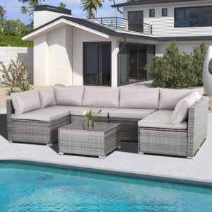 Seogwisam 7 Pieces Patio Furniture Set,Wicker Outdoor Conversation Set,Rattan Sectional Sofa Set w/Washable Cushions & Glass Coffee Table for Porch Poolside Backyard-Gray/Gray