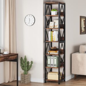 tribesigns 6-tier bookshelf storage shelves: 75 inches tall narrow bookcase with heavy duty metal frame, skinny open storage display rack for living room, bedroom, kitchen, bathroom, brown